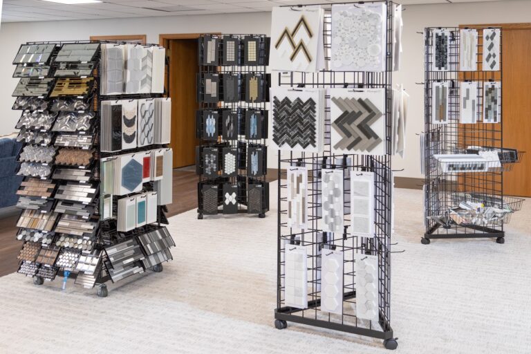 Tile and mosaic sample racks in the Harmony Flooring showroom in Madison