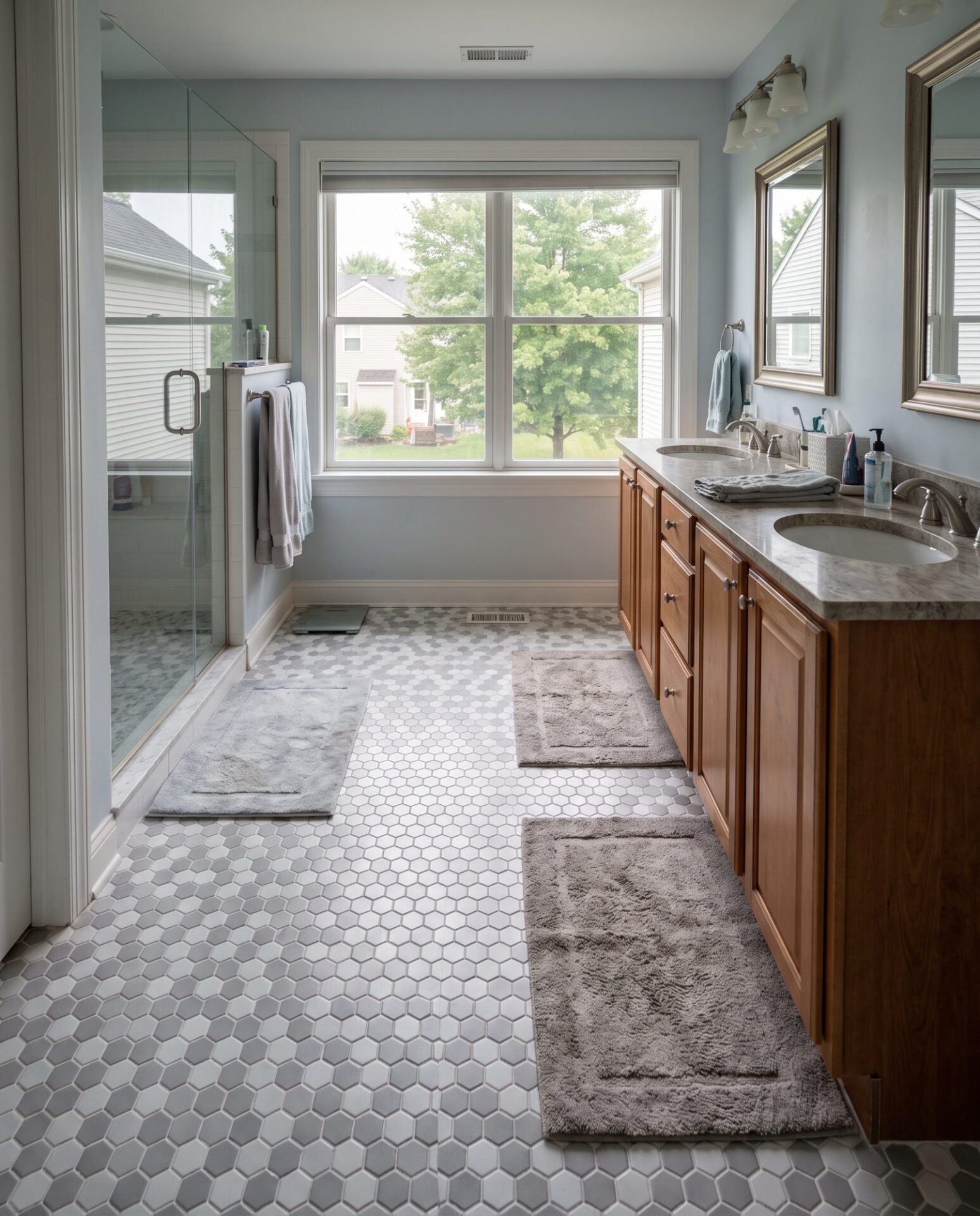 Gray and white hexagon mosaic tile floor in a primary bathroom with a double vanity