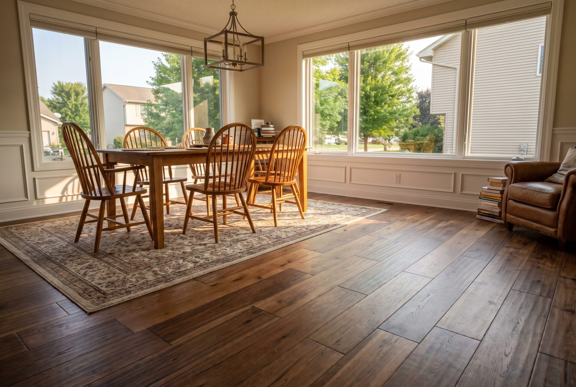 Medium-dark brown hickory hardwood floor in a dining room with an oak table and wainscoting