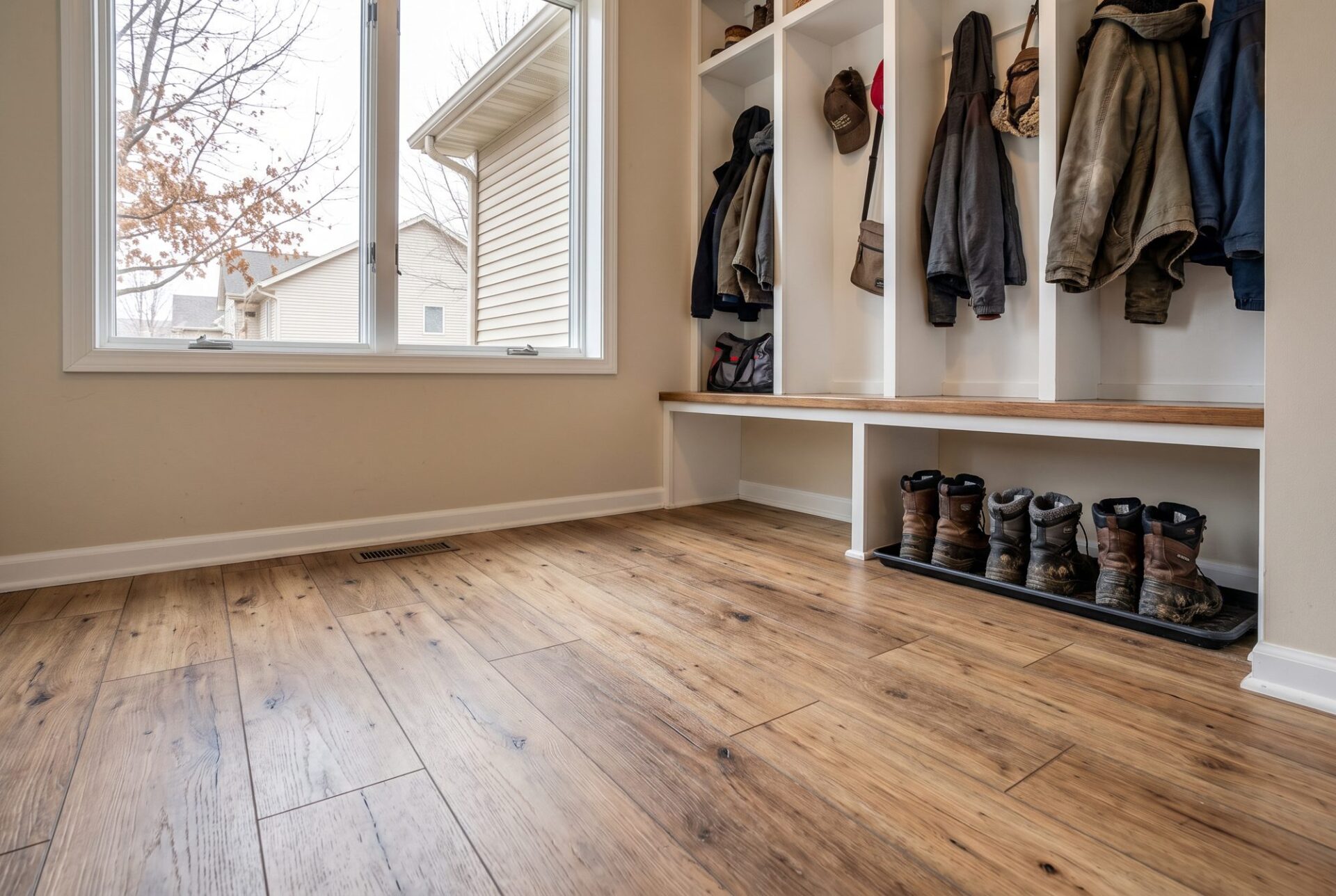 Rustic hickory-look laminate in a mudroom with cubbies, coats and winter boots
