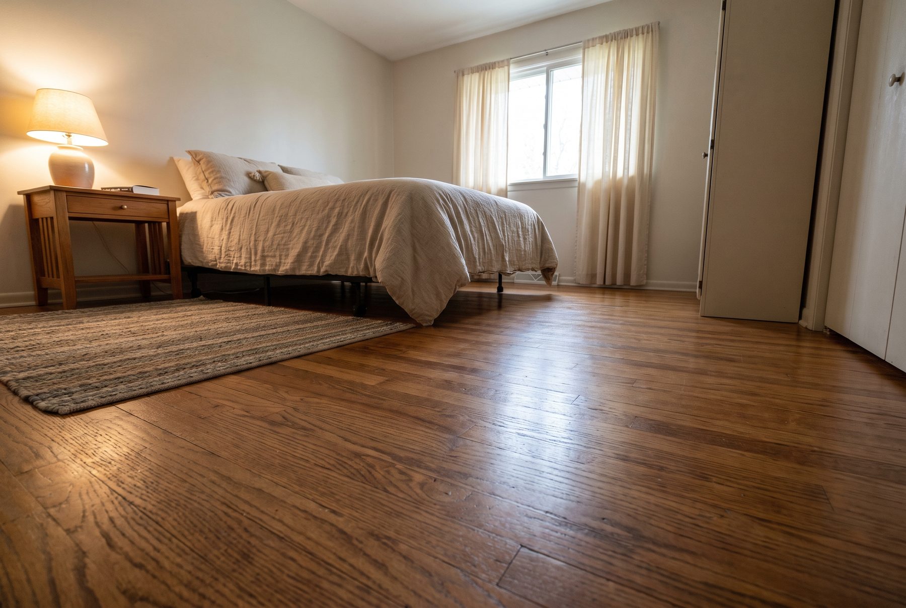 Medium-brown oak hardwood floor in a bedroom with a striped area rug