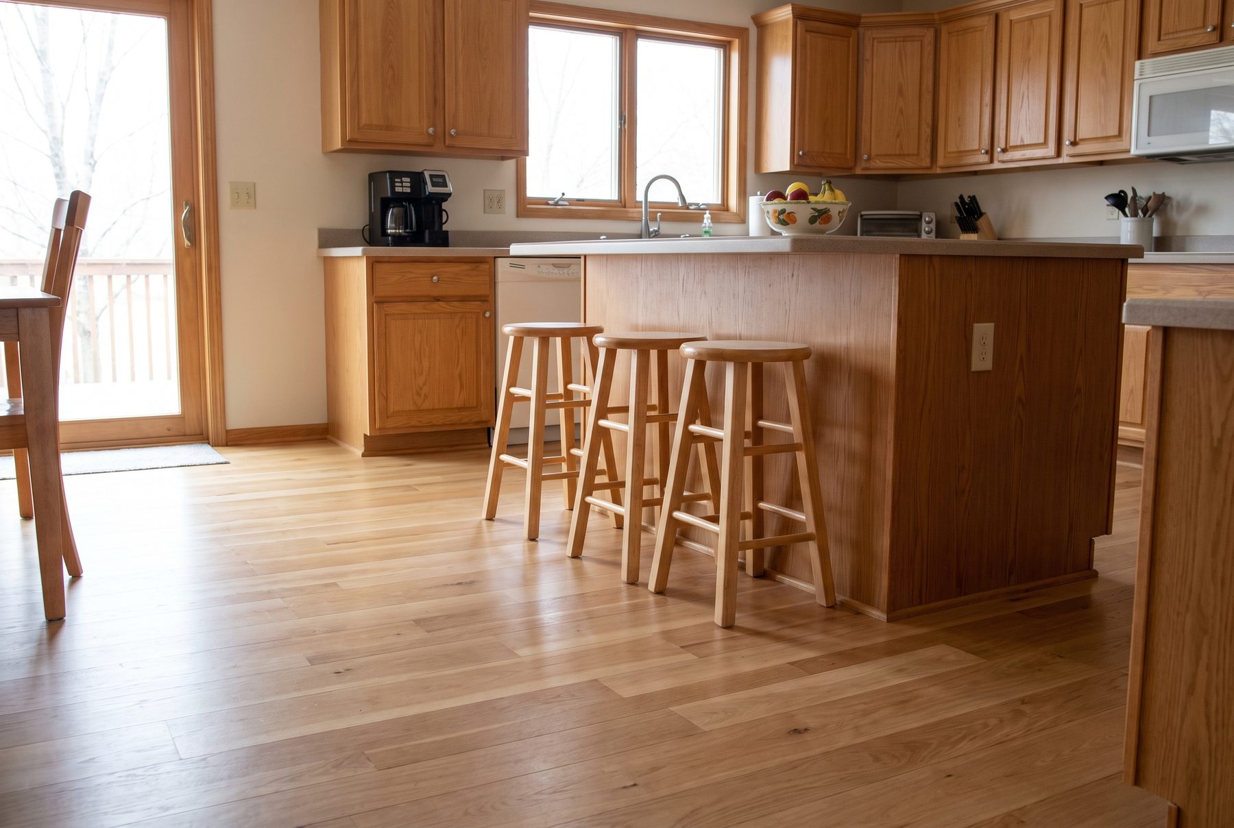White oak hardwood floor in a kitchen with an island and wood stools