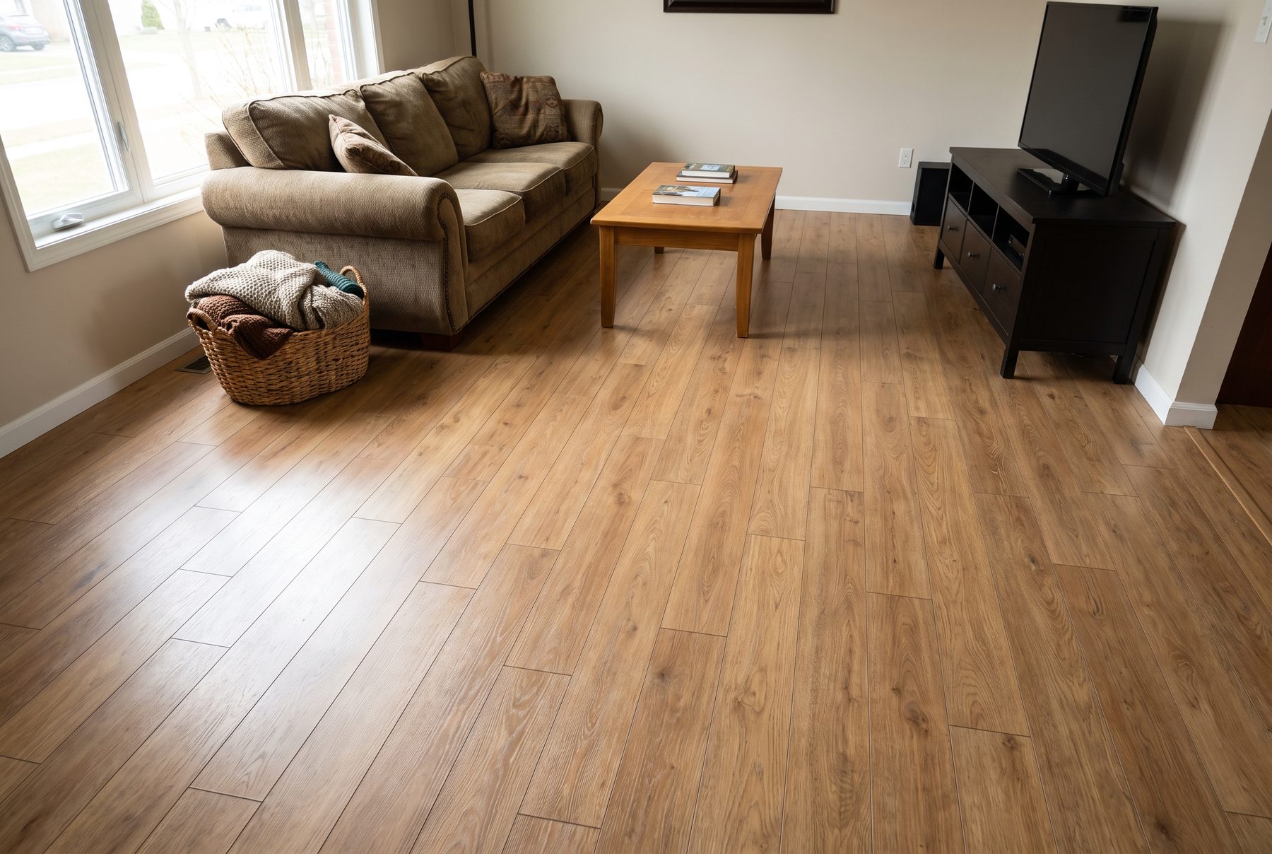 Warm natural oak-look laminate floor in a family room with a sofa