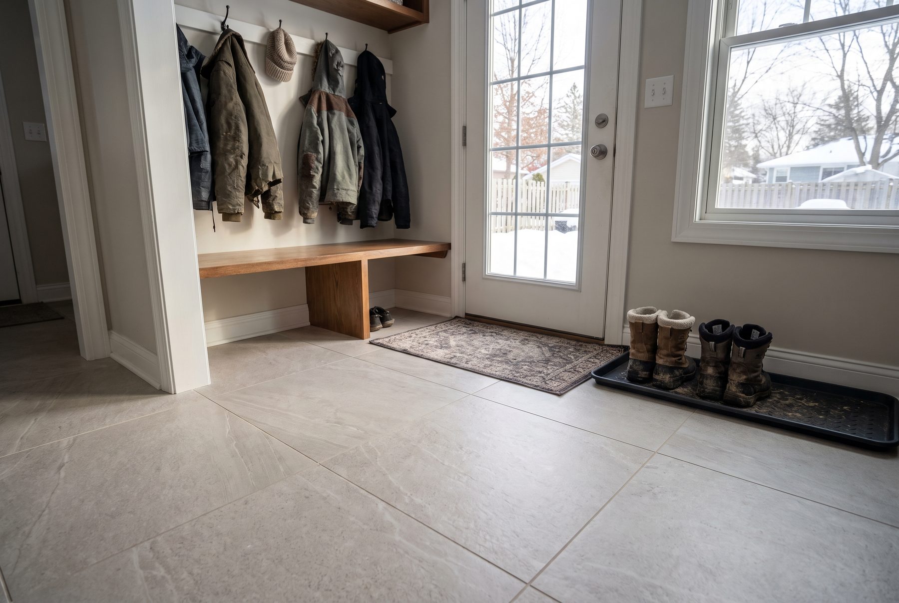 Large-format light gray porcelain tile in a mudroom entry with a bench and boots