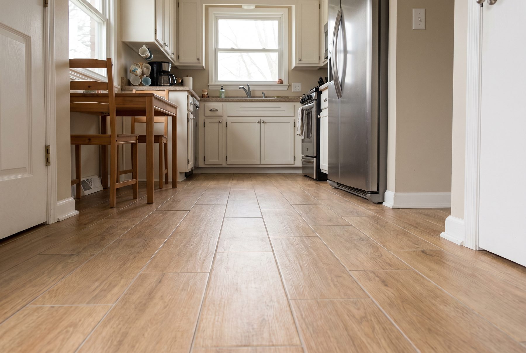 Wood-look porcelain plank tile floor in a kitchen with white cabinets