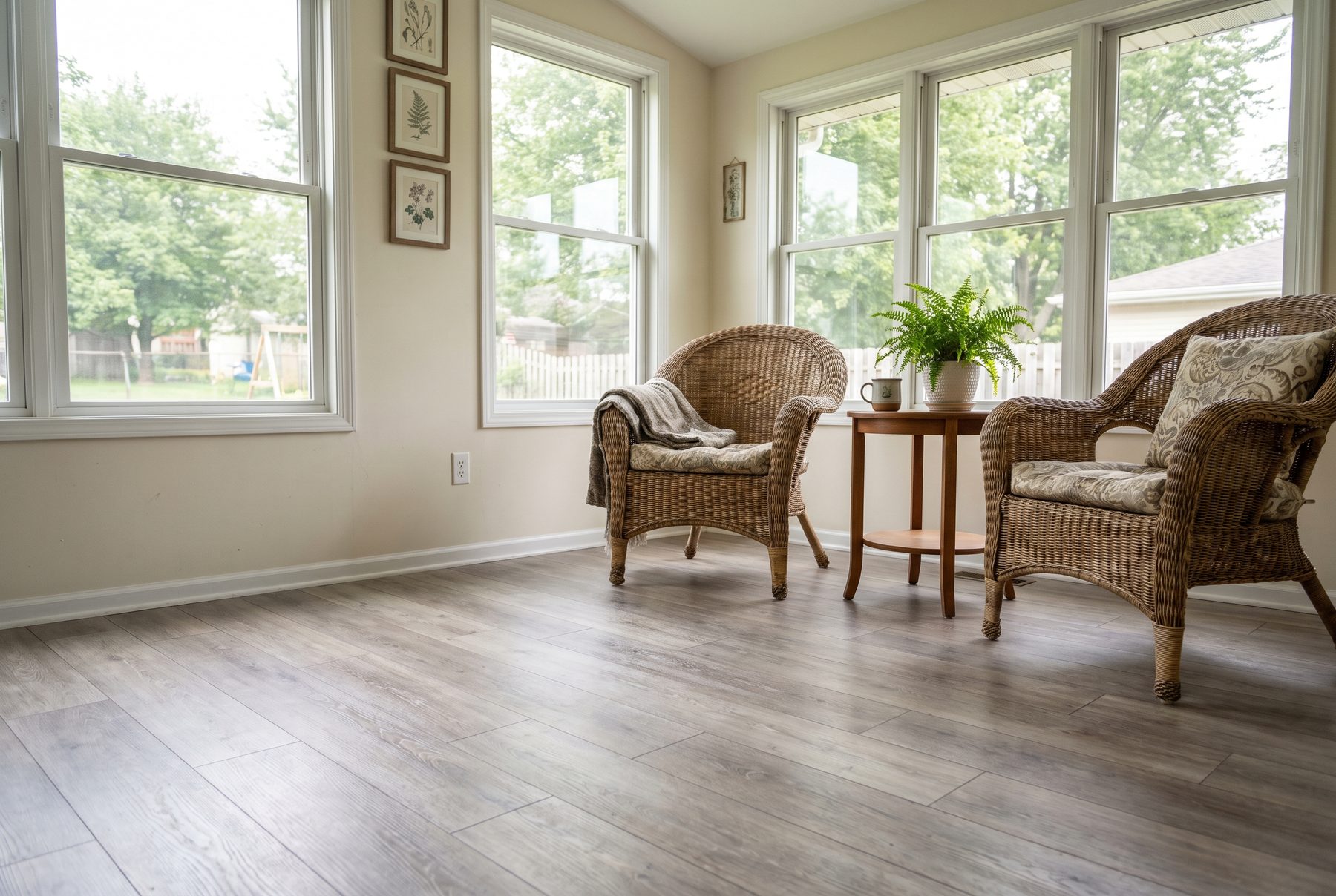 Light gray-brown luxury vinyl plank floor in a bright sunroom