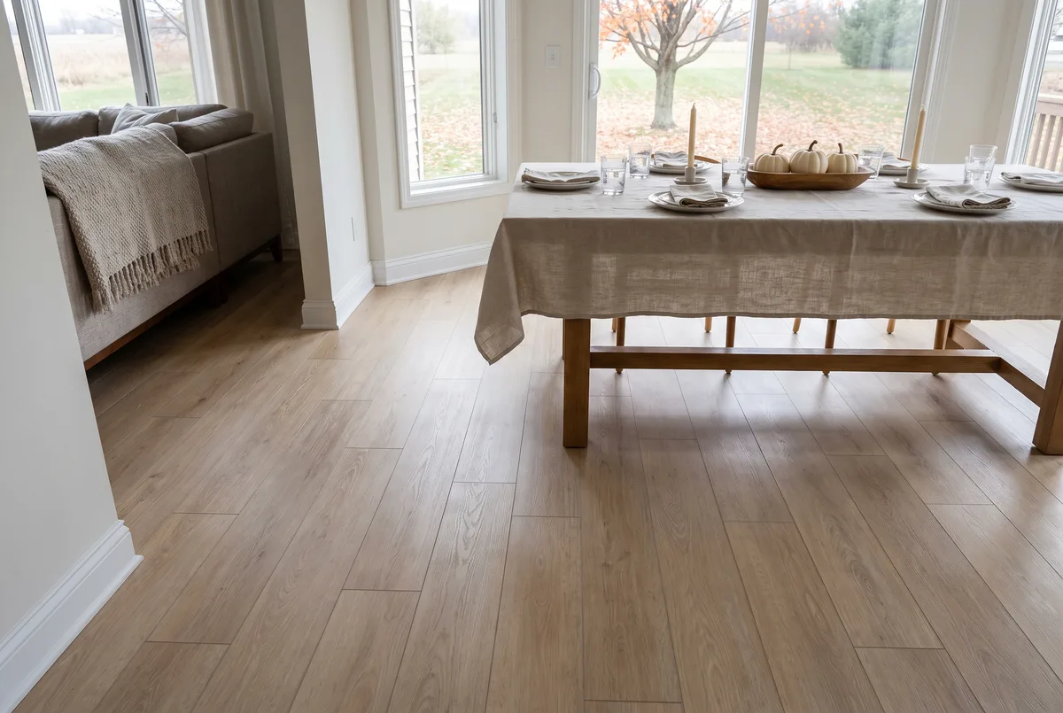 Light oak rigid core vinyl plank in a Sun Prairie, WI dining room set for a family holiday meal in late October