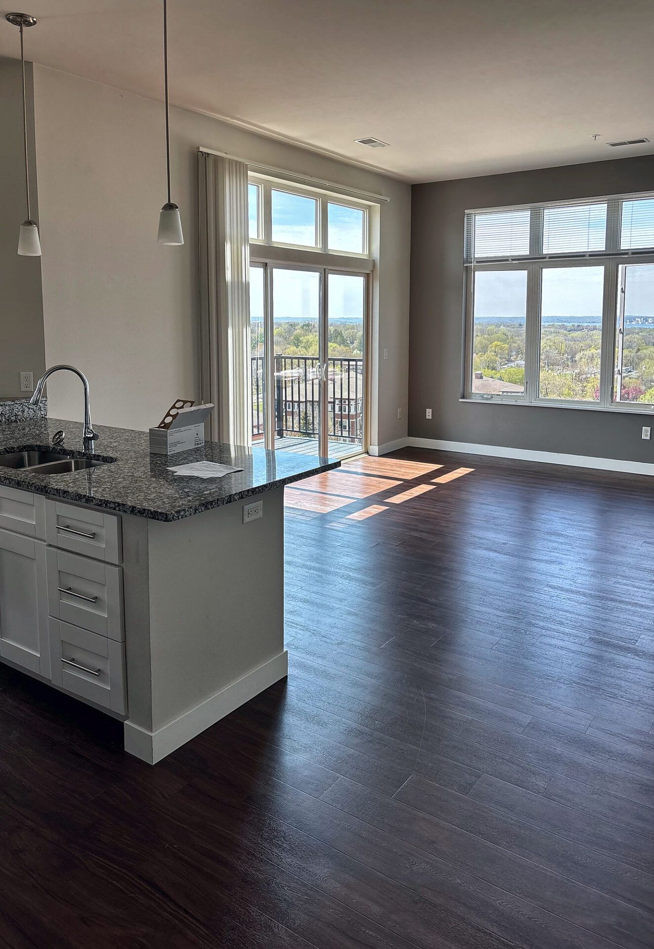 Dark walnut-look luxury vinyl plank flooring in an open kitchen and living room with large windows