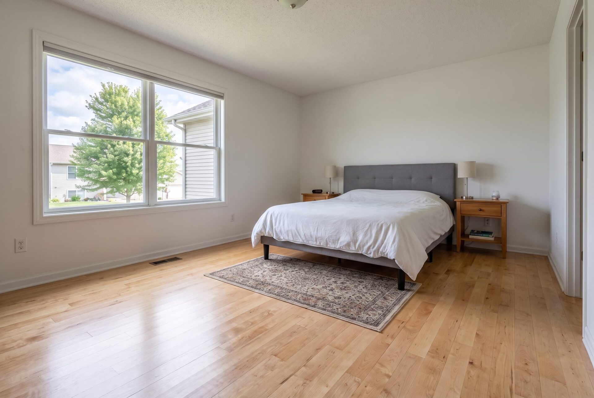 Pale natural maple hardwood floor in a bedroom with a gray upholstered bed
