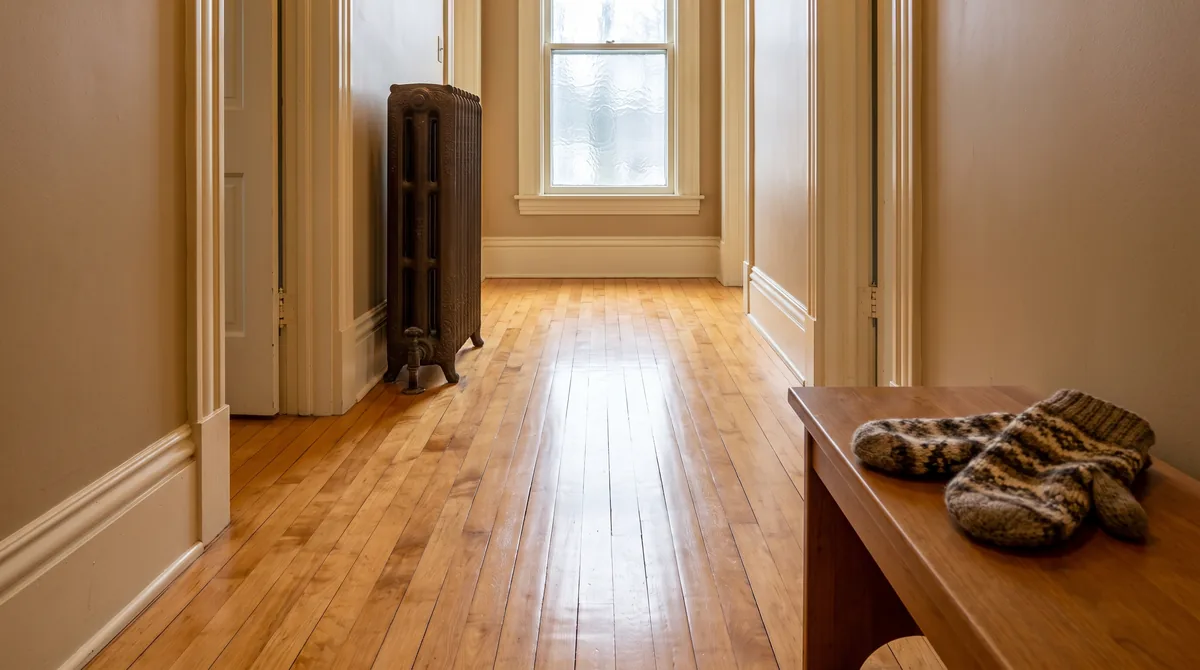 Original narrow maple strip hardwood floor in a historic Stoughton, Wisconsin home in November