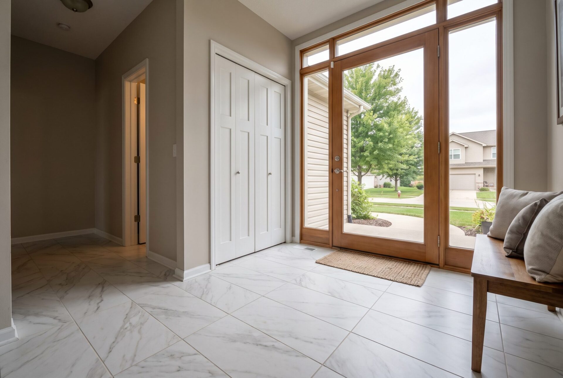 Honed white marble-look porcelain tile in a front foyer with a coat closet and a bench