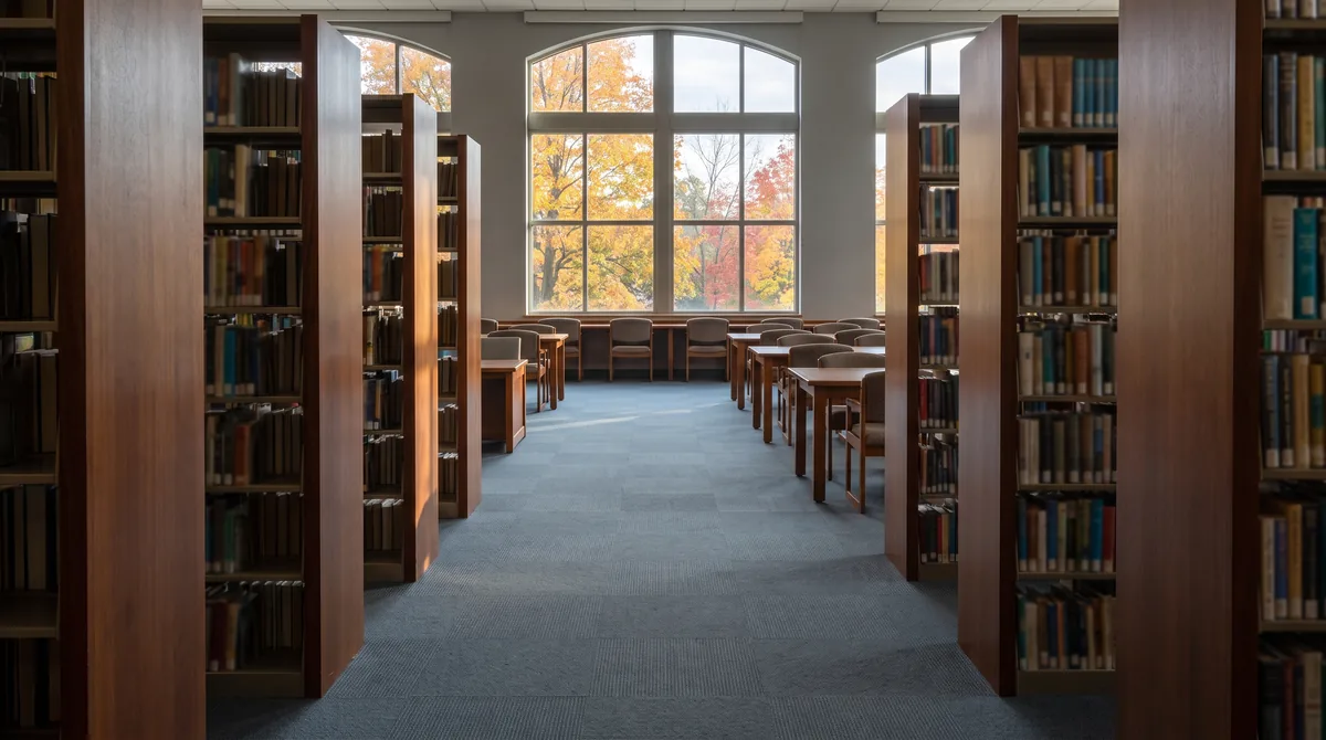 Commercial carpet tile in a Wisconsin public library reading area between shelving, Madison-area municipal flooring