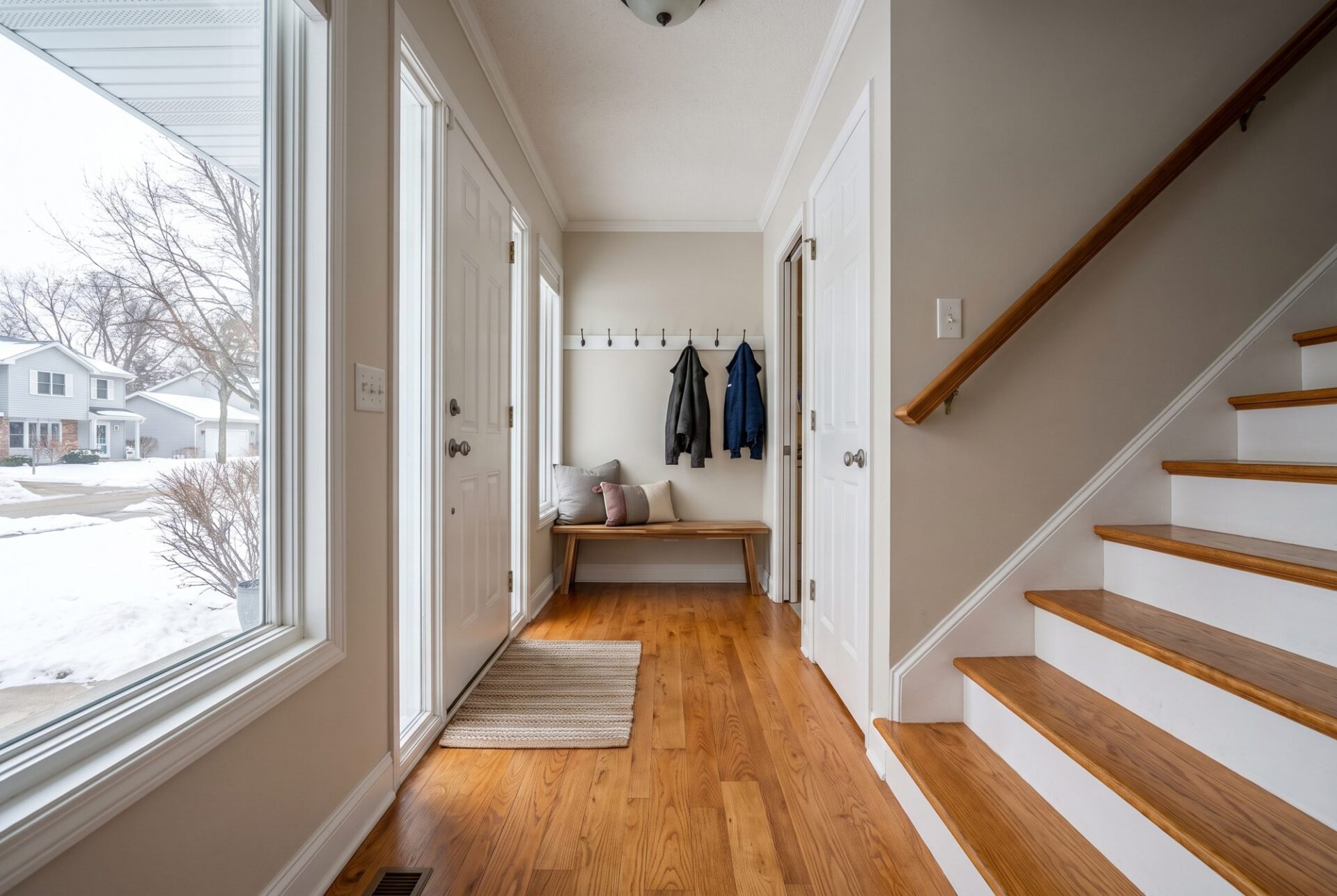 Honey-stained red oak hardwood in a front hallway with matching oak stair treads and white risers