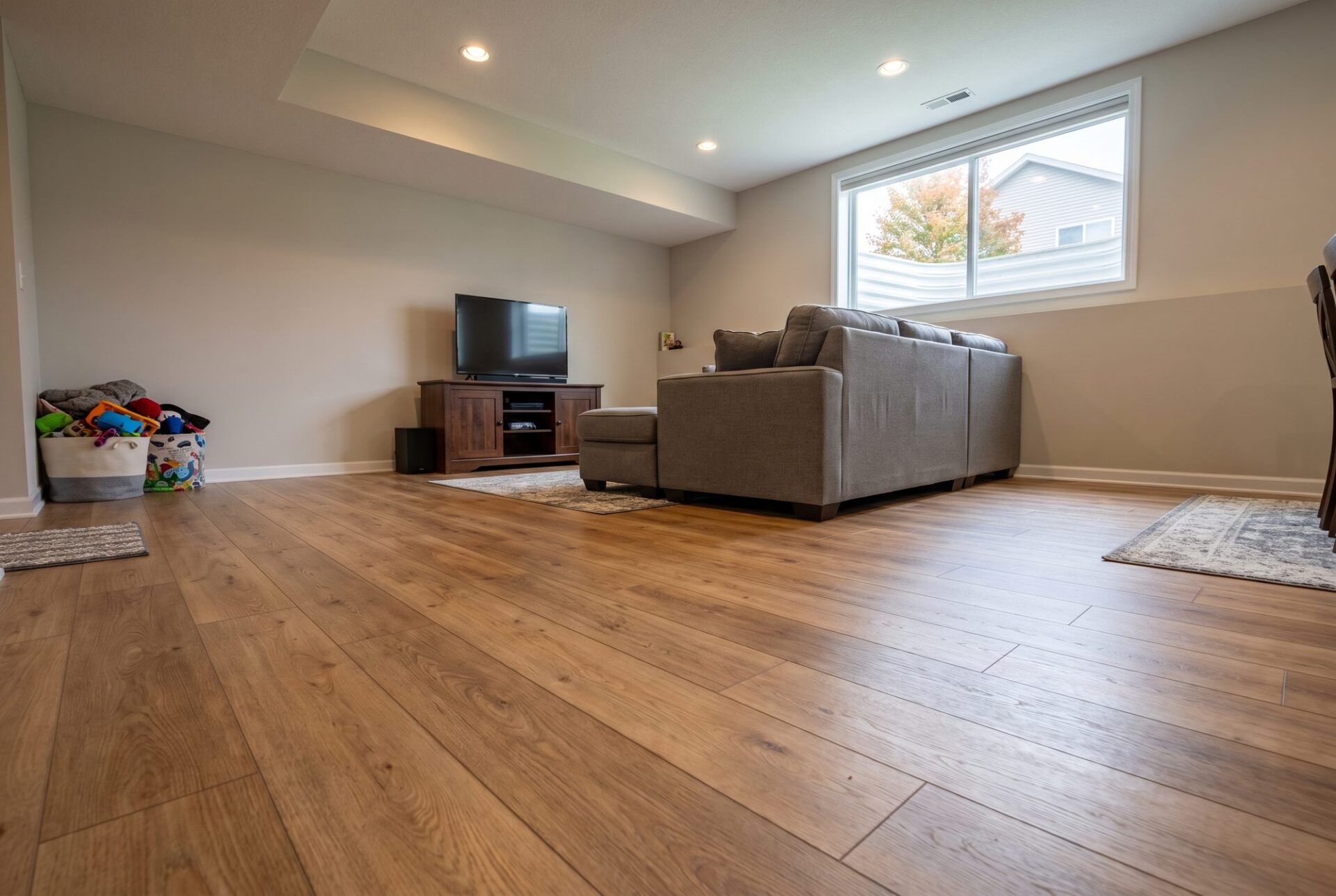 Warm oak-look laminate floor in a finished basement family room with a sectional and TV