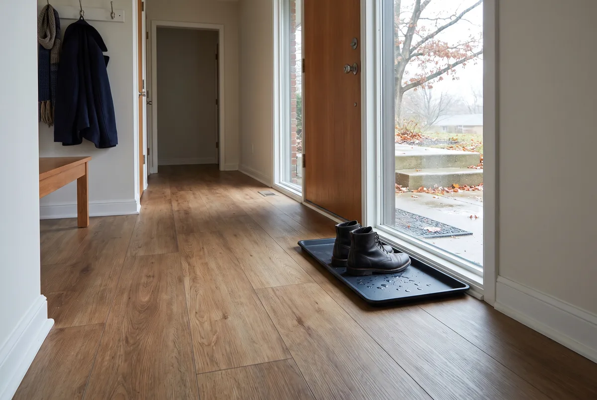 Mid-tone oak-look waterproof vinyl plank in a Middleton, WI ranch entry with a boot tray on a rainy October day