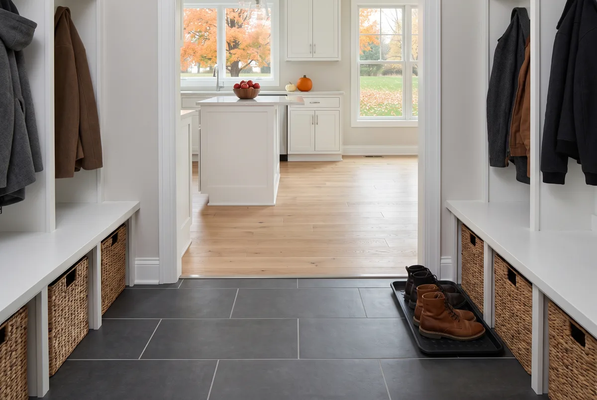 Charcoal porcelain tile mudroom meeting engineered white oak in the kitchen of a Dane County, Wisconsin home in autumn