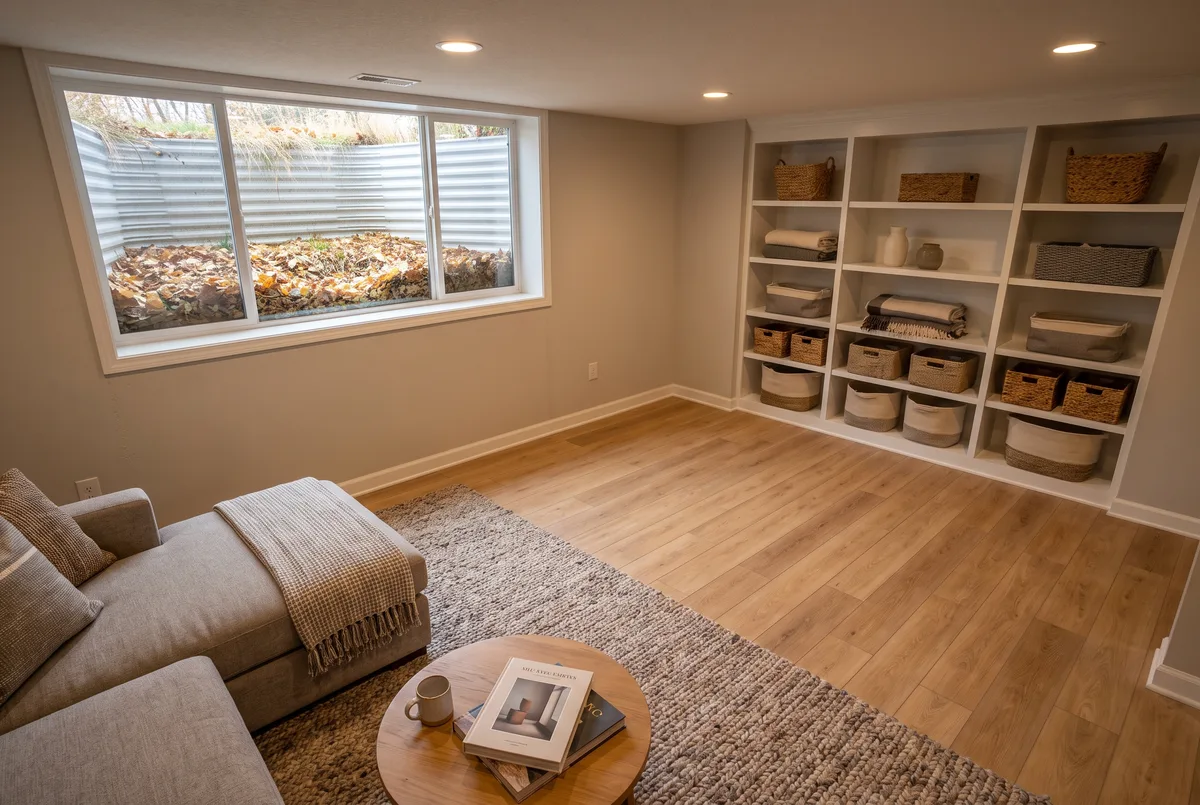Warm oak-look rigid core LVP in a finished basement family room of a Verona, WI home in autumn