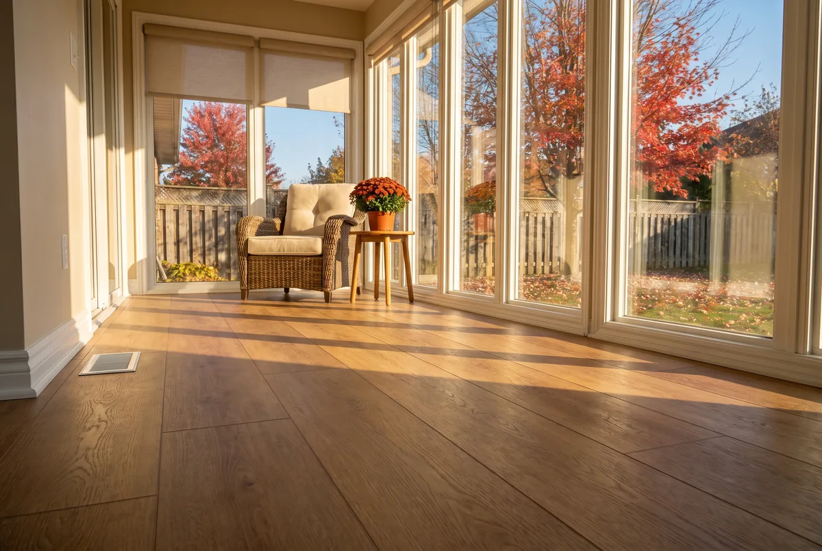 Oak-look rigid core vinyl plank in a sunny Madison, Wisconsin sunroom with low autumn sun and half-lowered shades