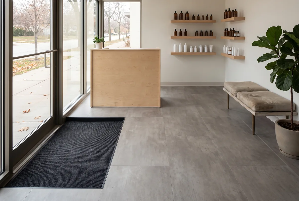 Gray concrete-look luxury vinyl tile and a recessed walk-off mat at a Madison, WI salon reception