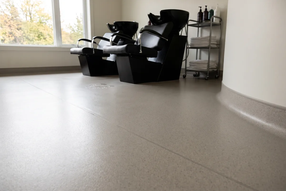 Speckled gray seamless floor with a coved wall base at the shampoo bowls of a salon