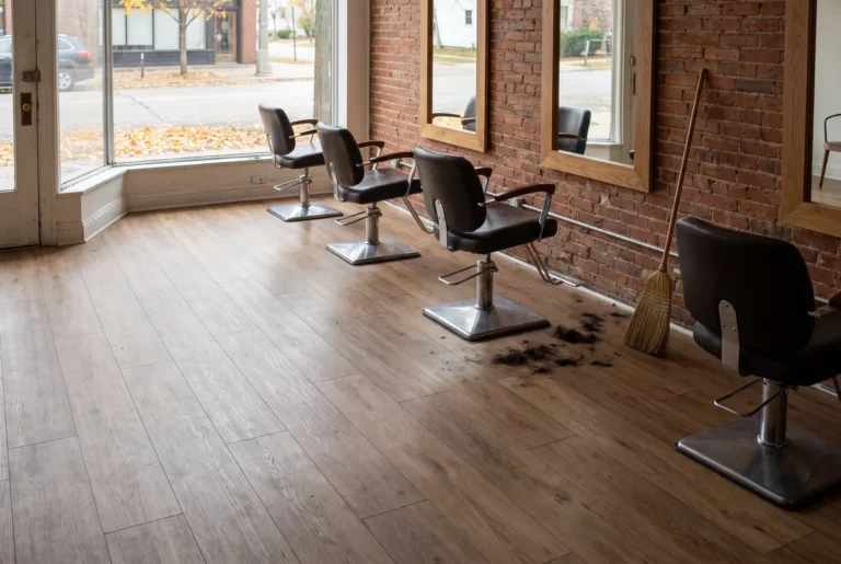 Oak-look commercial vinyl plank on the styling floor of a Madison, WI hair salon in a brick storefront