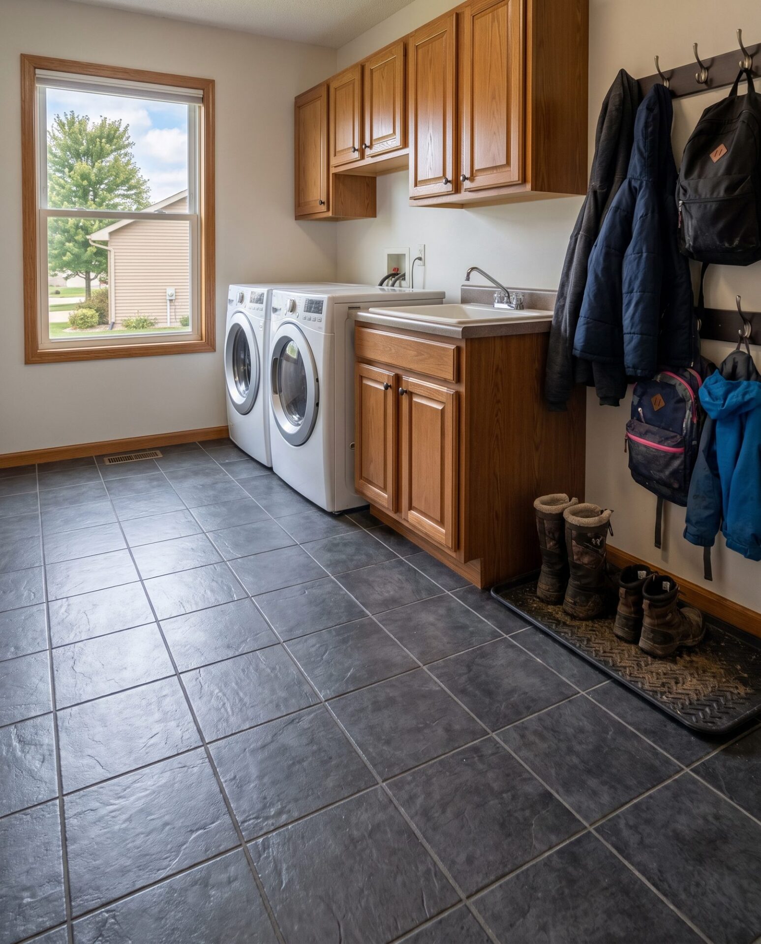 Charcoal slate-look porcelain tile in a laundry room with a washer, dryer and coat hooks