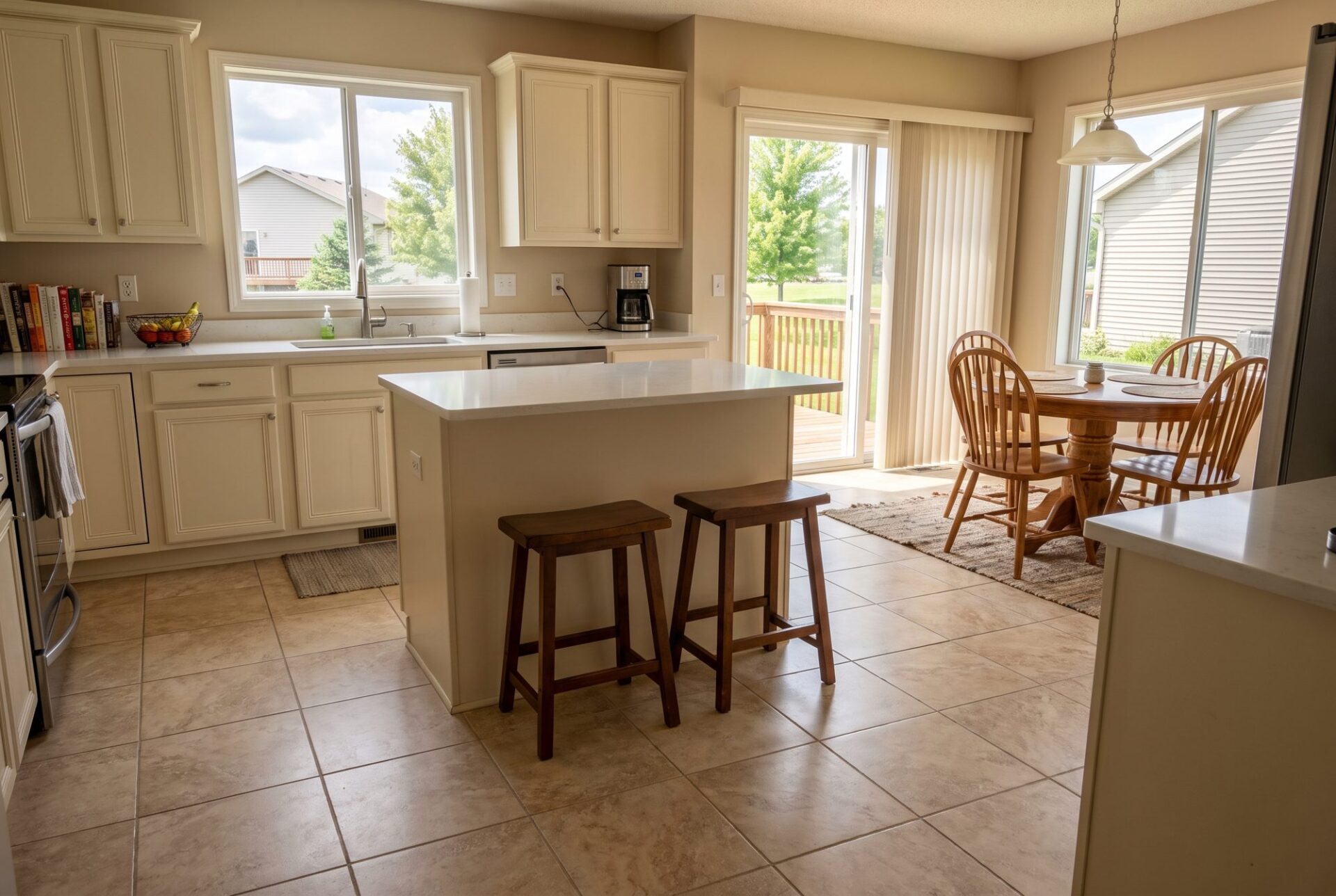 Beige travertine-look porcelain tile with tan grout in a kitchen with cream cabinets and a breakfast table