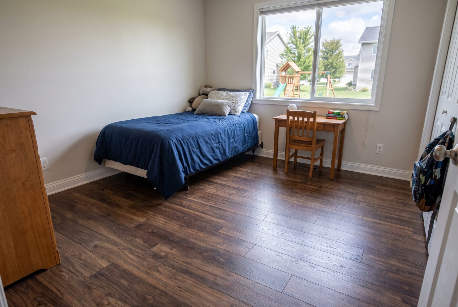 Dark walnut-look laminate in a child's bedroom with a twin bed and small desk