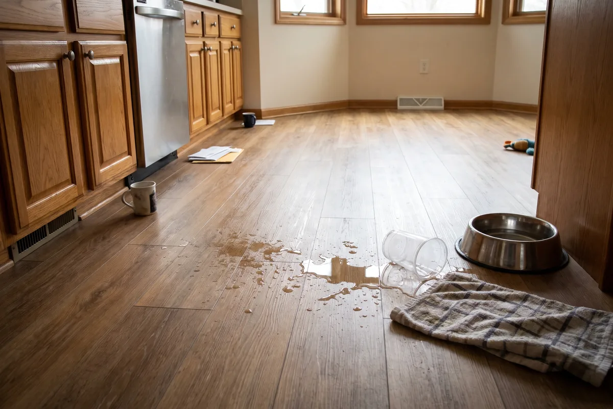 Water spilled on wood-look vinyl plank flooring in a kitchen next to a dog bowl