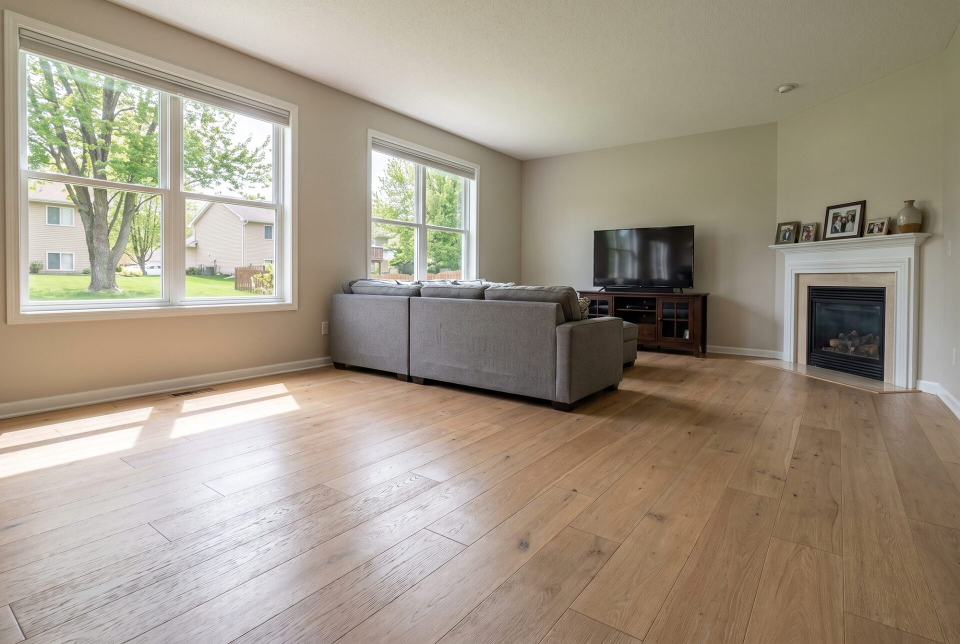 Light wide-plank white oak hardwood in a family room with a gray sectional and gas fireplace