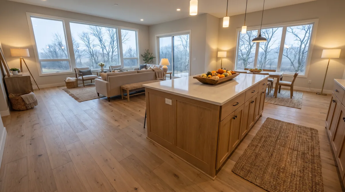 Wide-plank engineered oak flooring in a new Waunakee, Wisconsin great room in late fall
